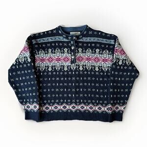 Vintage LL Bean Nordic Sweater Women's Medium Blue Wool Pullover Fair Isle